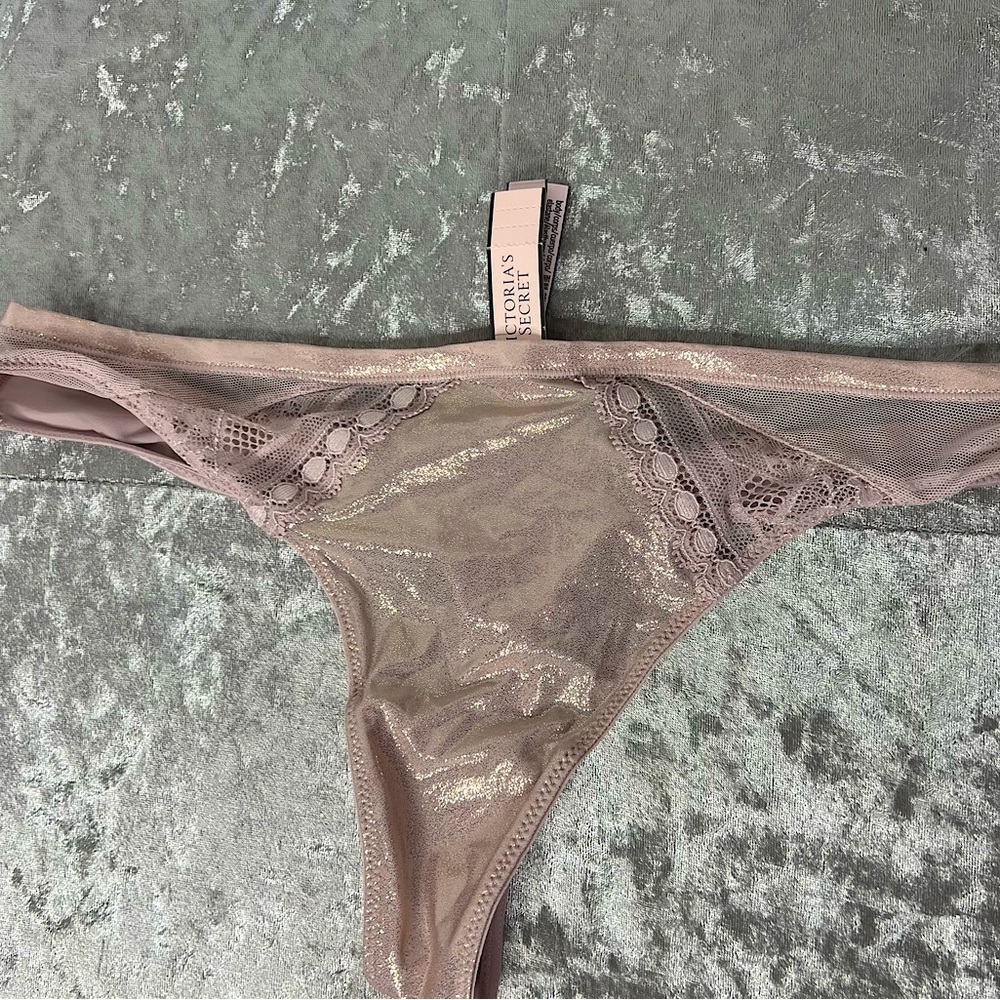 Victoria secret thong shiny metallic sparkly rose gold pink sexy mesh panties